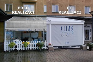 Pergola Linie + Screen Zipy, restaurace Ellas Ostrava, realizace Bohemiaflex CS
