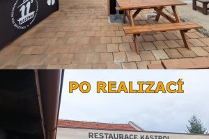 Pergola Latin 80 podvěs, restaurace Kastrol, RAL 9010 bílá, rozměry 5 900 x 4 550 mm, realizace Bohemiaflex CS